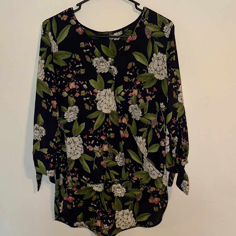 West Kei Black Floral Blouse with Green, Pink, and White Accents